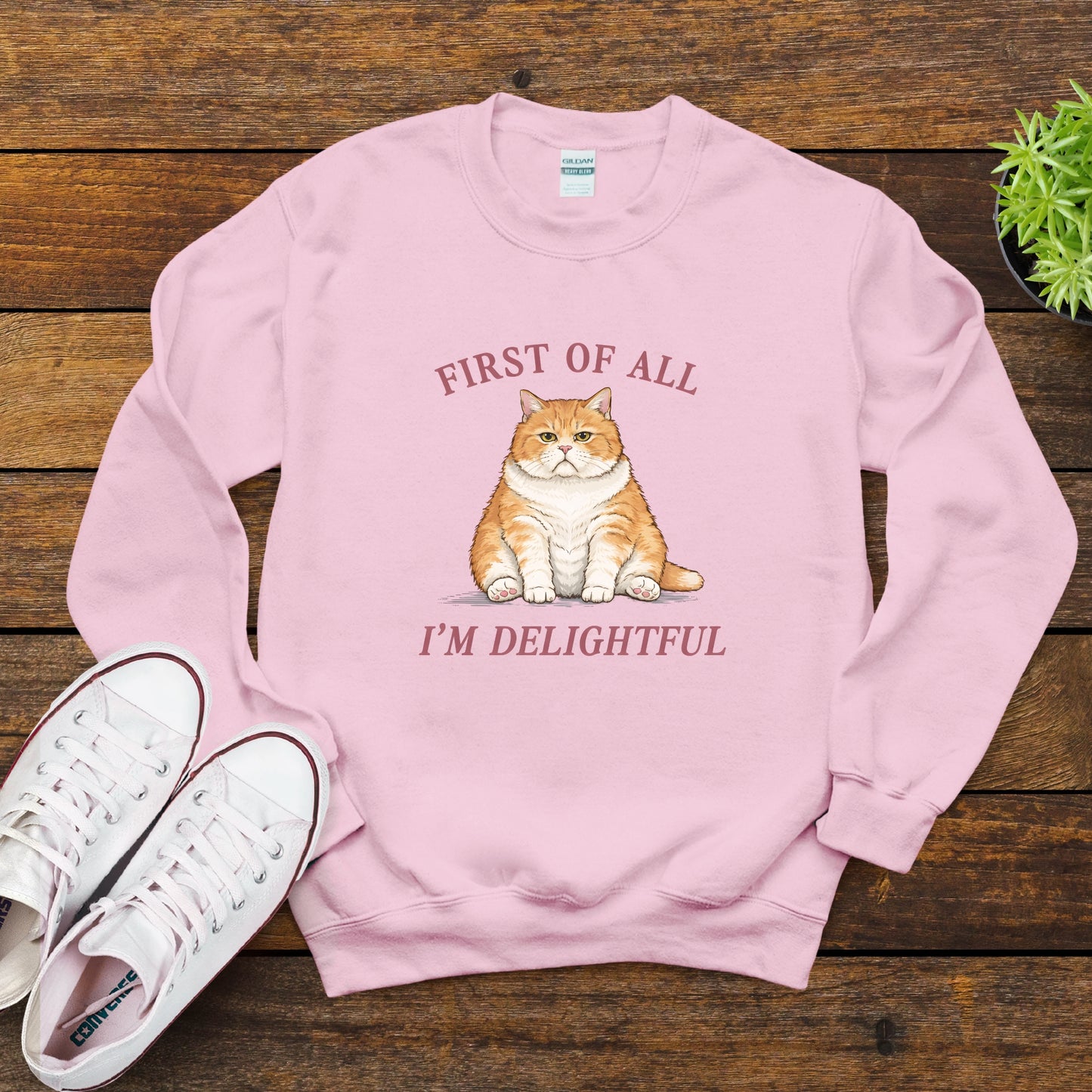 Crewneck Sweatshirt — "First of All I'm Delightful" Funny Cat Graphic