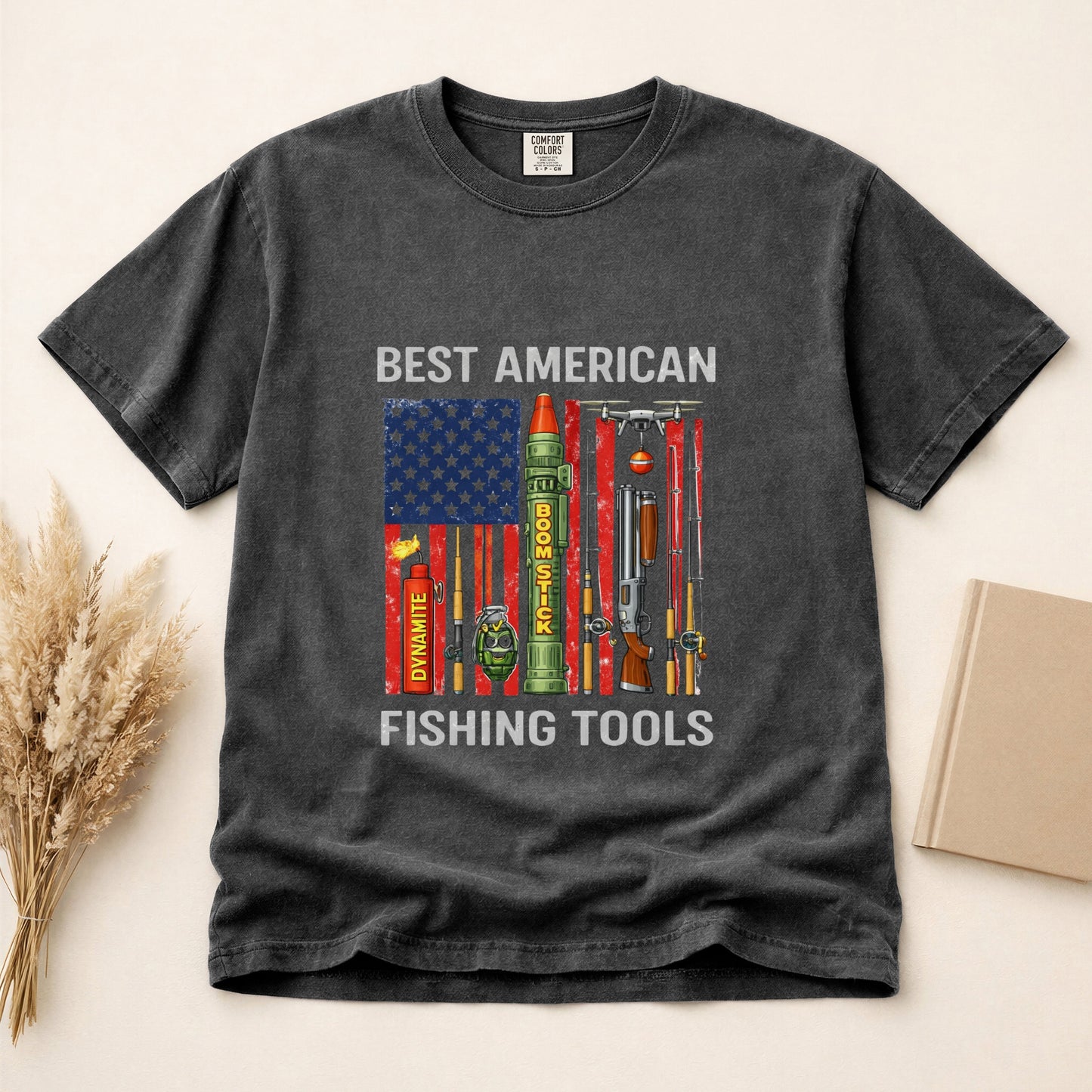 Best American Fishing Tools T-shirt | Fishing Lures Rods Reels Grenades Shotgun Rocket Launcher Drone Dynamite USA Flag