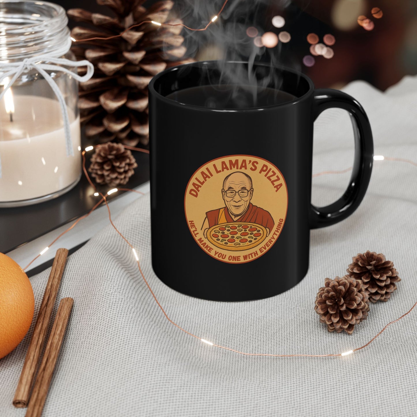 Dalai Llama's Pizza Black Mug — Funny Spiritual Pizza Coffee Cup (11oz & 15oz), Fun Gift