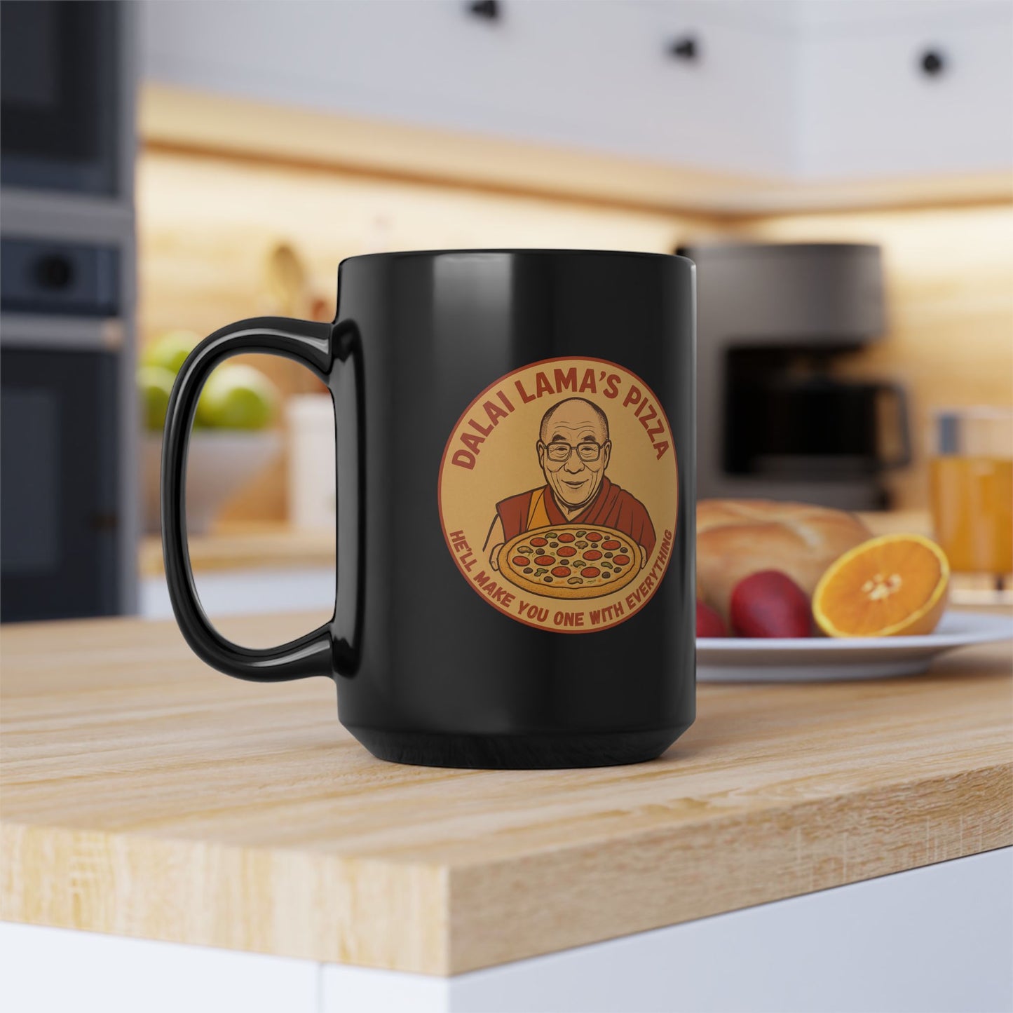 Dalai Llama's Pizza Black Mug — Funny Spiritual Pizza Coffee Cup (11oz & 15oz), Fun Gift