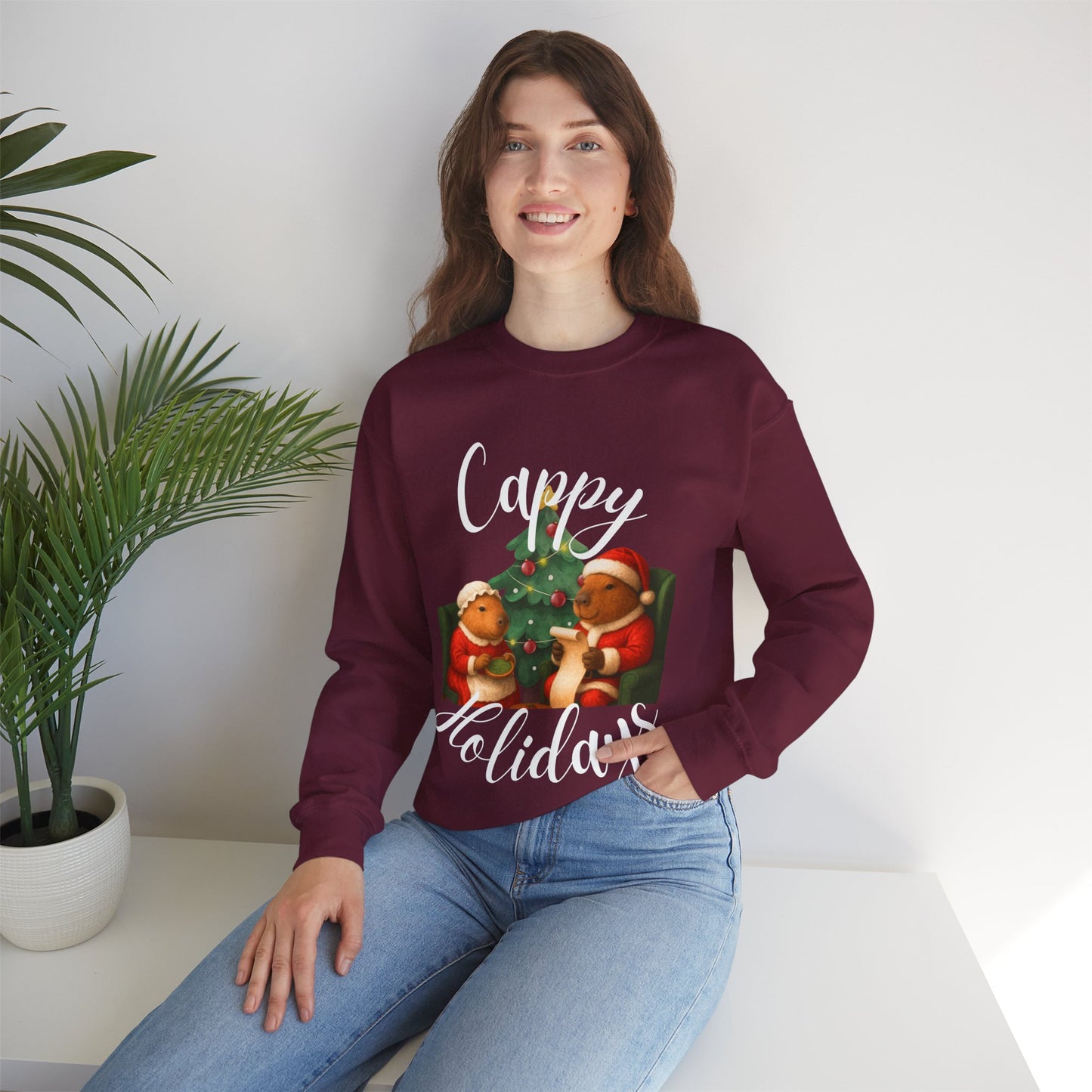 Holiday Crewneck Sweatshirt – 'Cappy Holidays' Cute Capybara Christmas Sweater