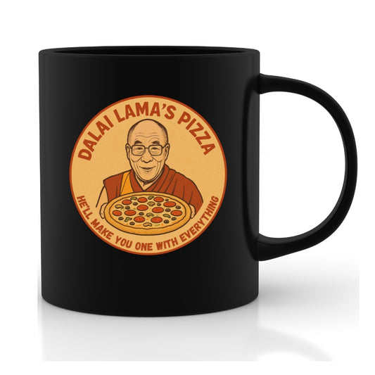 Dalai Llama's Pizza Black Mug — Funny Spiritual Pizza Coffee Cup (11oz & 15oz), Fun Gift