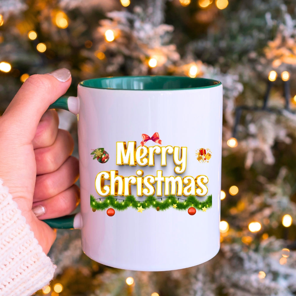 Merry Christmas Coffee Mug — Festive Holiday 11oz & 15oz Ceramic Mug, Two tones, Green, Red