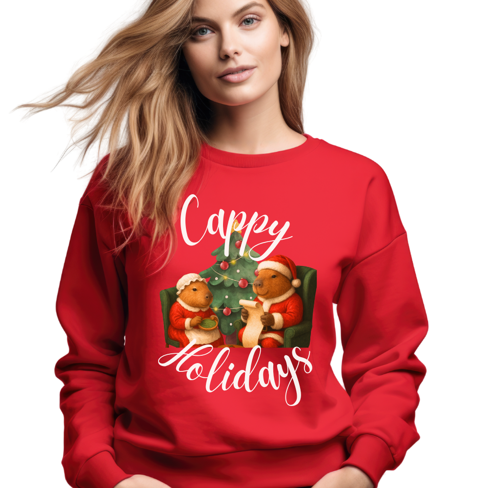 Holiday Crewneck Sweatshirt – 'Cappy Holidays' Cute Capybara Christmas Sweater