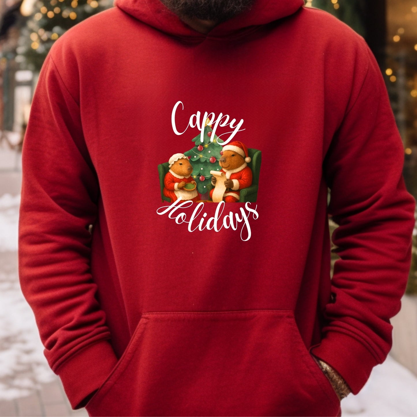 Capybara Holiday Hoodie — "Cappy Holidays" Holiday Capybara Christmas Sweatshirt