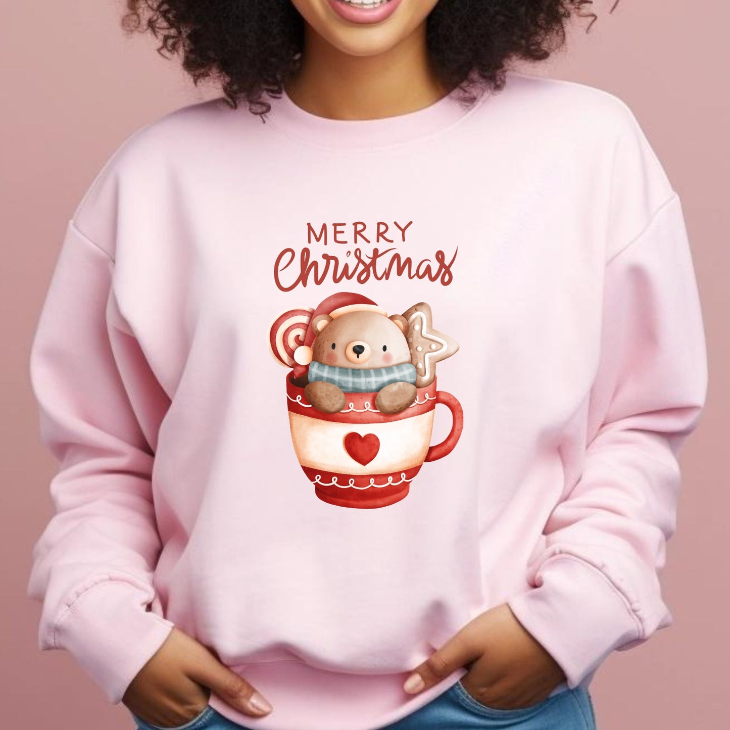 Christmas Bear in a Mug Crewneck Sweatshirt - 'Merry Christmas' Holiday Sweater