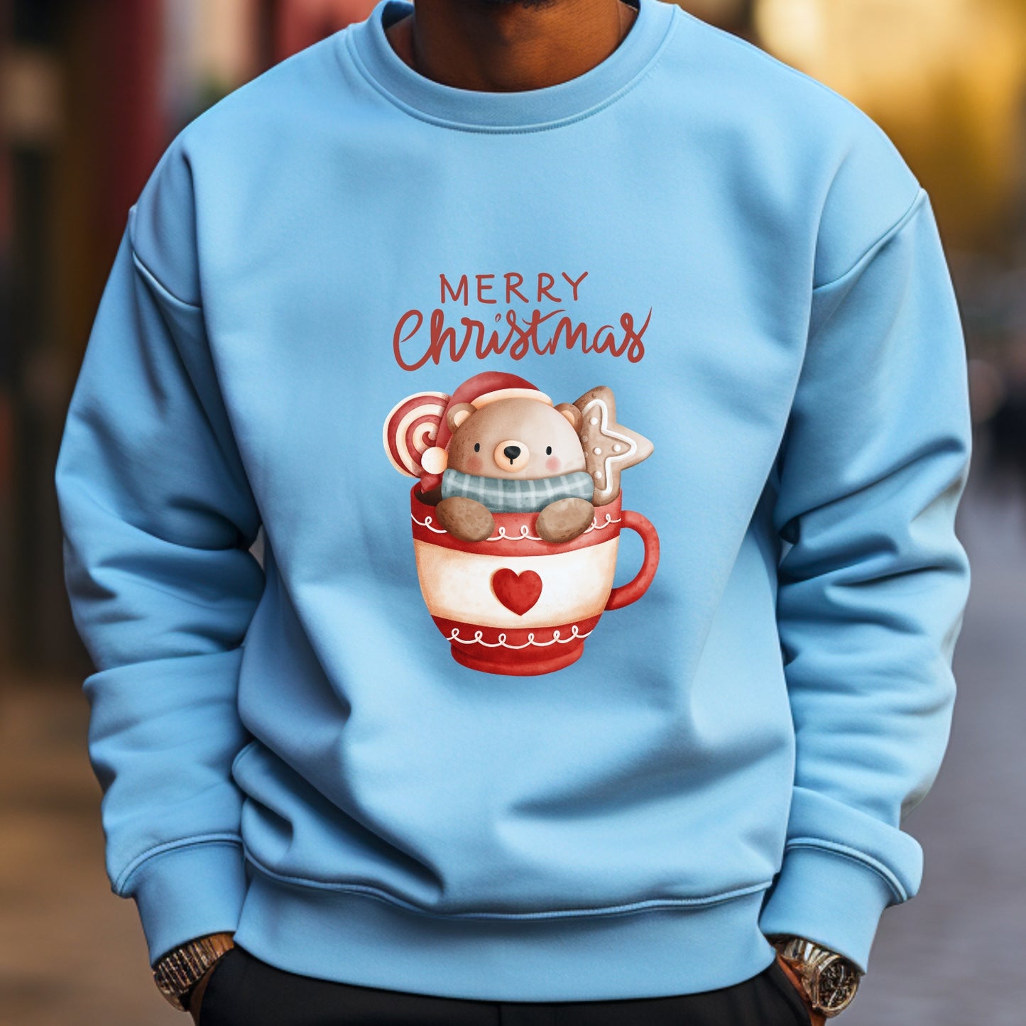 Christmas Bear in a Mug Crewneck Sweatshirt - 'Merry Christmas' Holiday Sweater