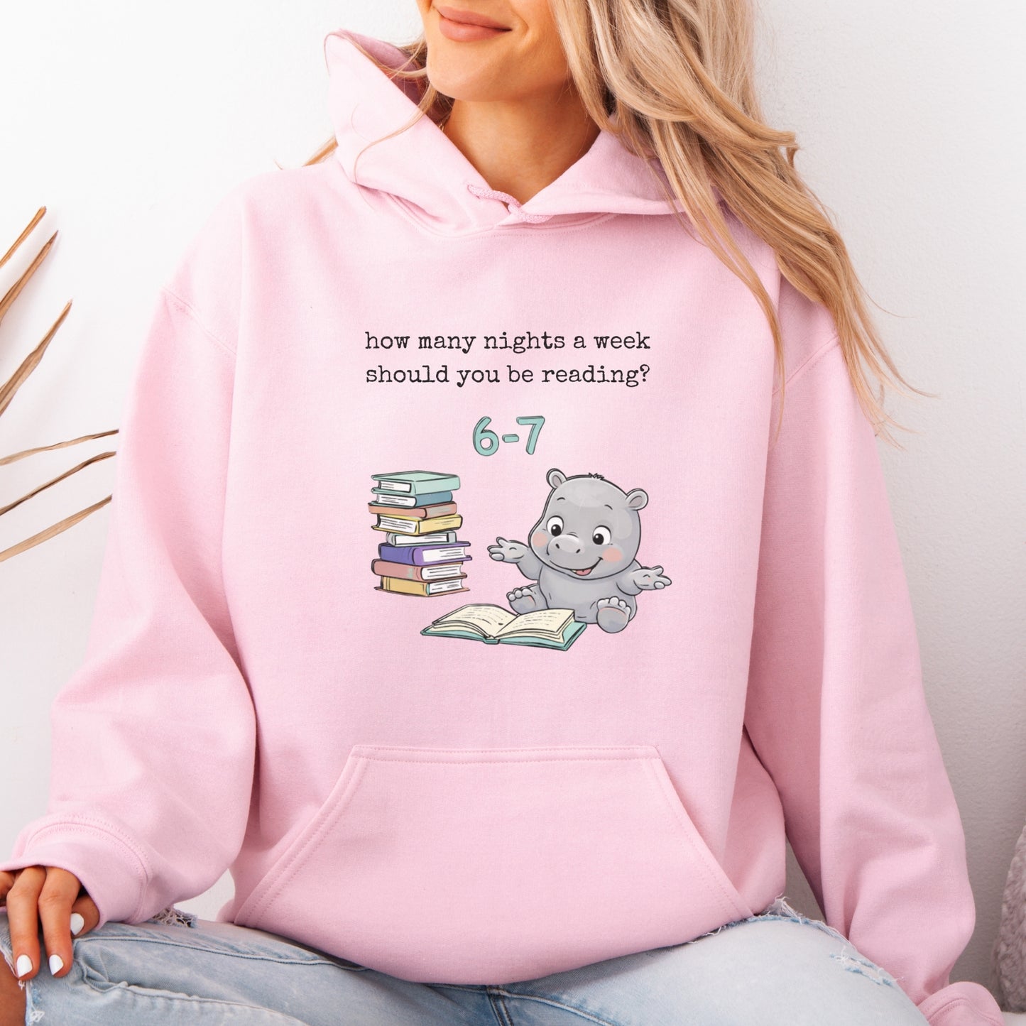 Reading Hippo 6 7 Sweatshirt — “How Many Nights a Week Should You Be Reading? 6–7” Cozy Crewneck