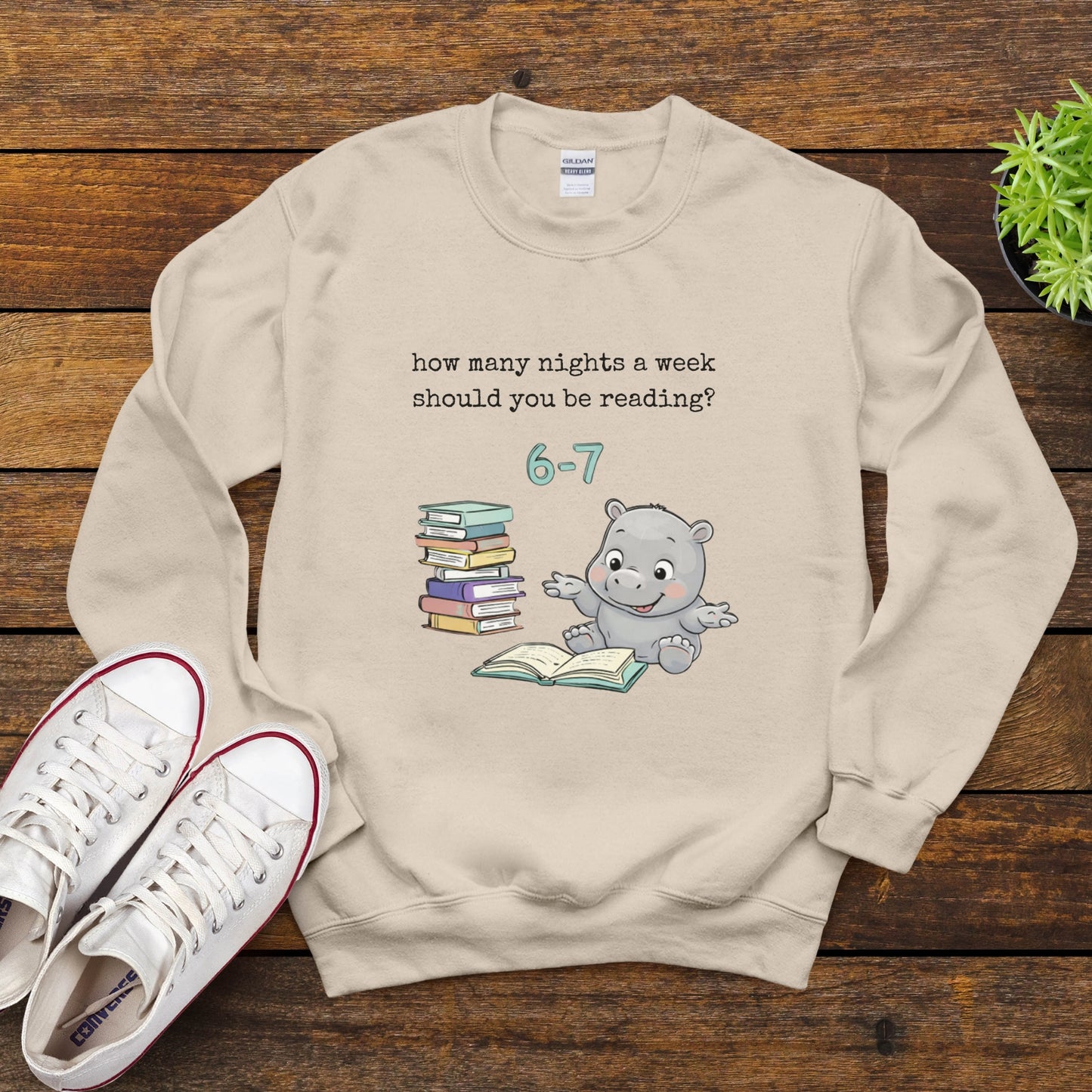 Reading Hippo 6 7 Sweatshirt — “How Many Nights a Week Should You Be Reading? 6–7” Cozy Crewneck