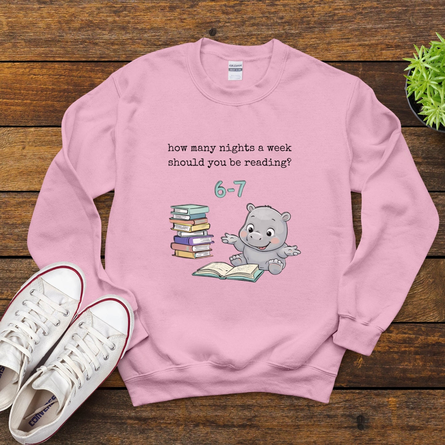Reading Hippo 6 7 Sweatshirt — “How Many Nights a Week Should You Be Reading? 6–7” Cozy Crewneck