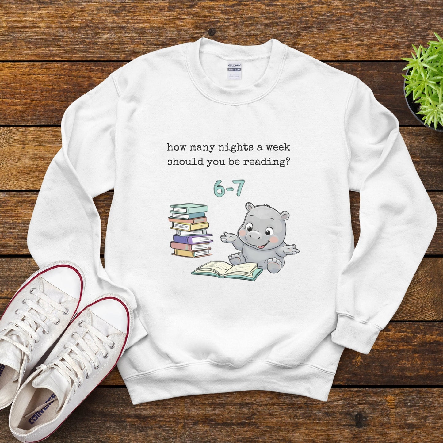 Reading Hippo 6 7 Sweatshirt — “How Many Nights a Week Should You Be Reading? 6–7” Cozy Crewneck
