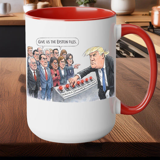 Trump Epstein Venezuela coffee mug in both 11 oz and 15 oz two tone colors