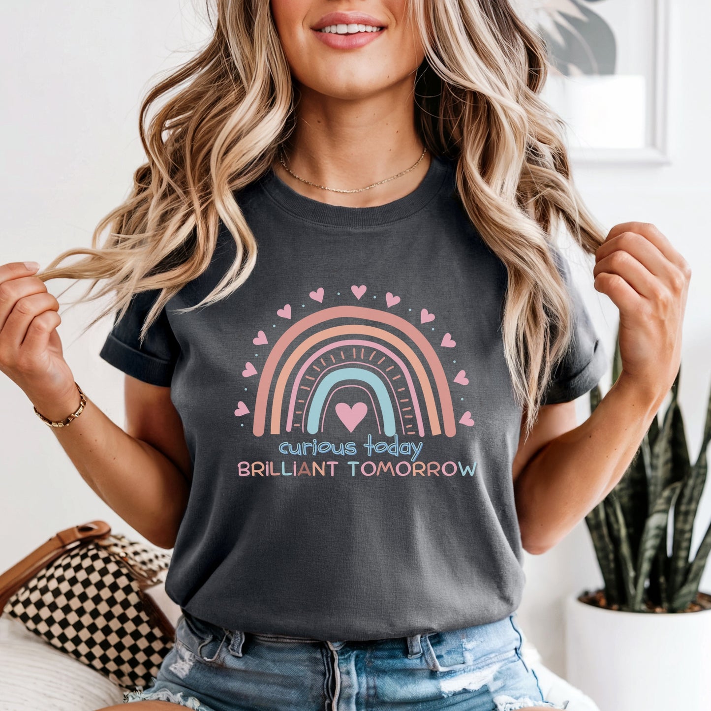 Curious Today Brilliant Tomorrow rainbow T-Shirt | Cute Teacher tee