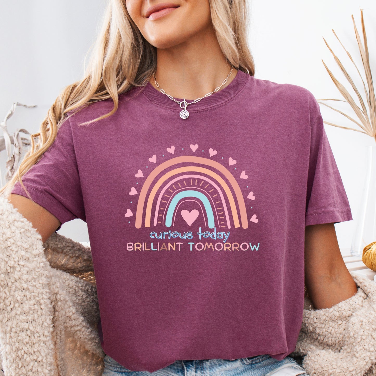 Curious Today Brilliant Tomorrow rainbow T-Shirt | Cute Teacher tee