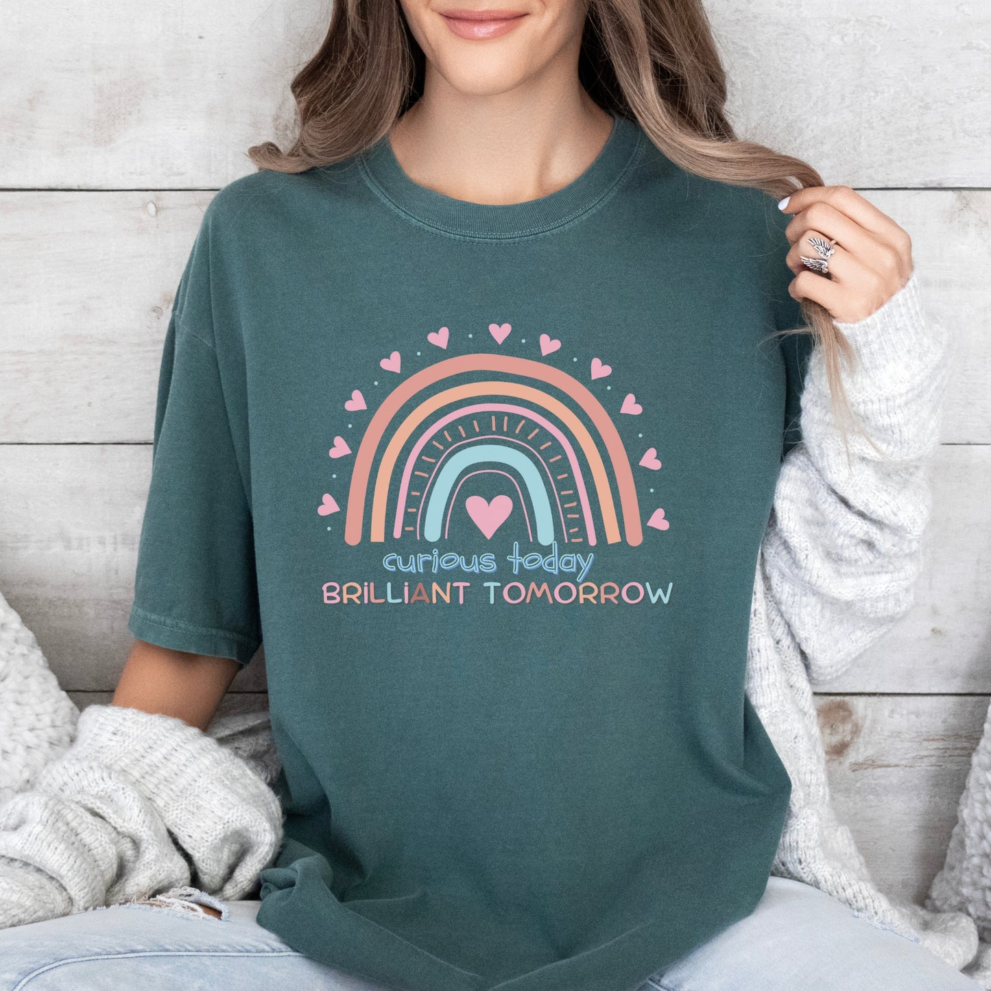 Curious Today Brilliant Tomorrow rainbow T-Shirt | Cute Teacher tee