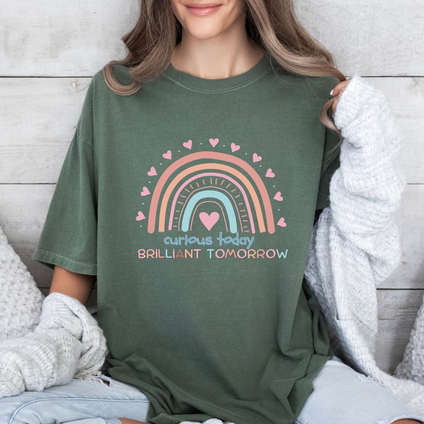 Curious Today Brilliant Tomorrow rainbow T-Shirt | Cute Teacher tee