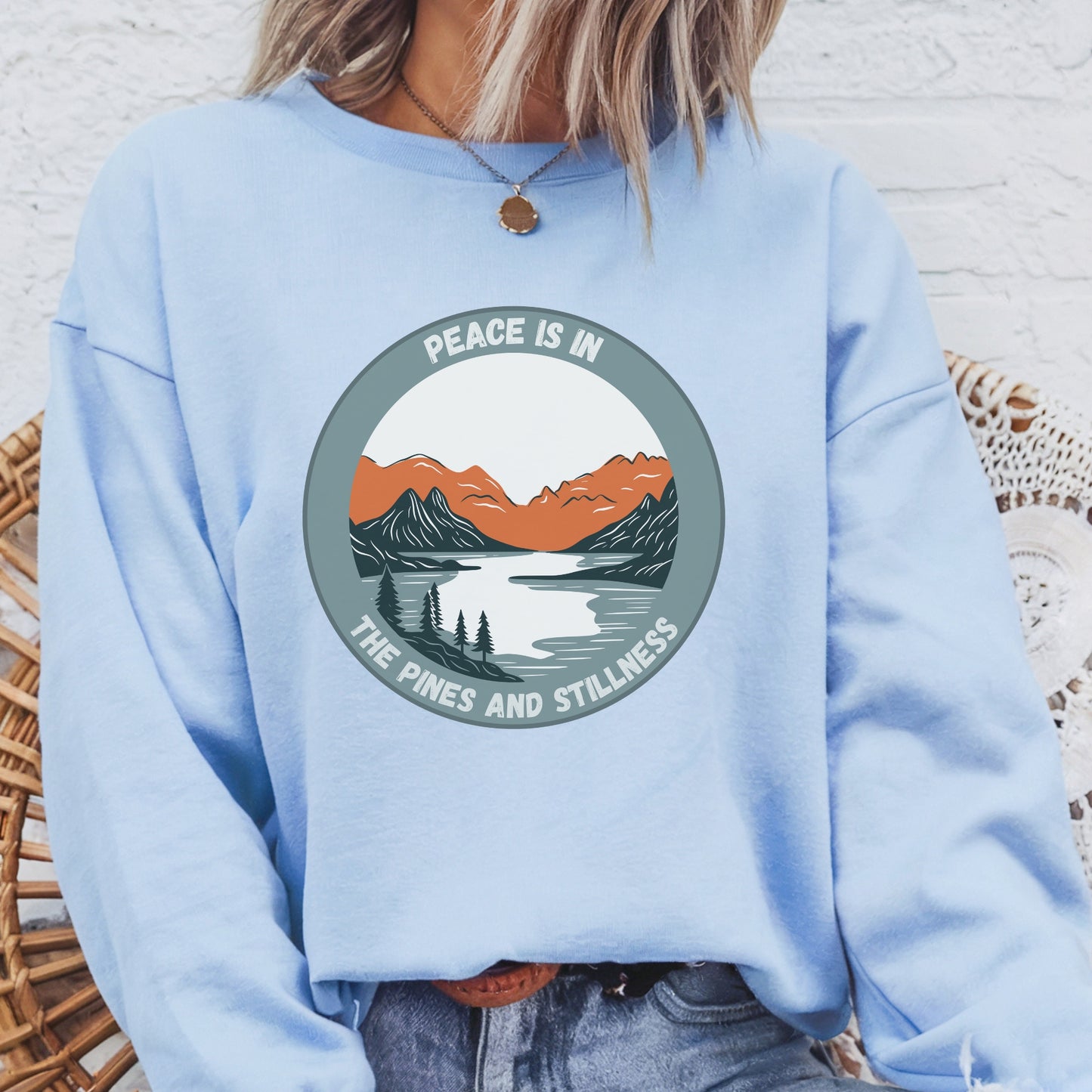 Vacation Nature Sweatshirt, Peace in Pines and Stillness, Serene Unisex Crewneck, Perfect Gift for Outdoor Lovers