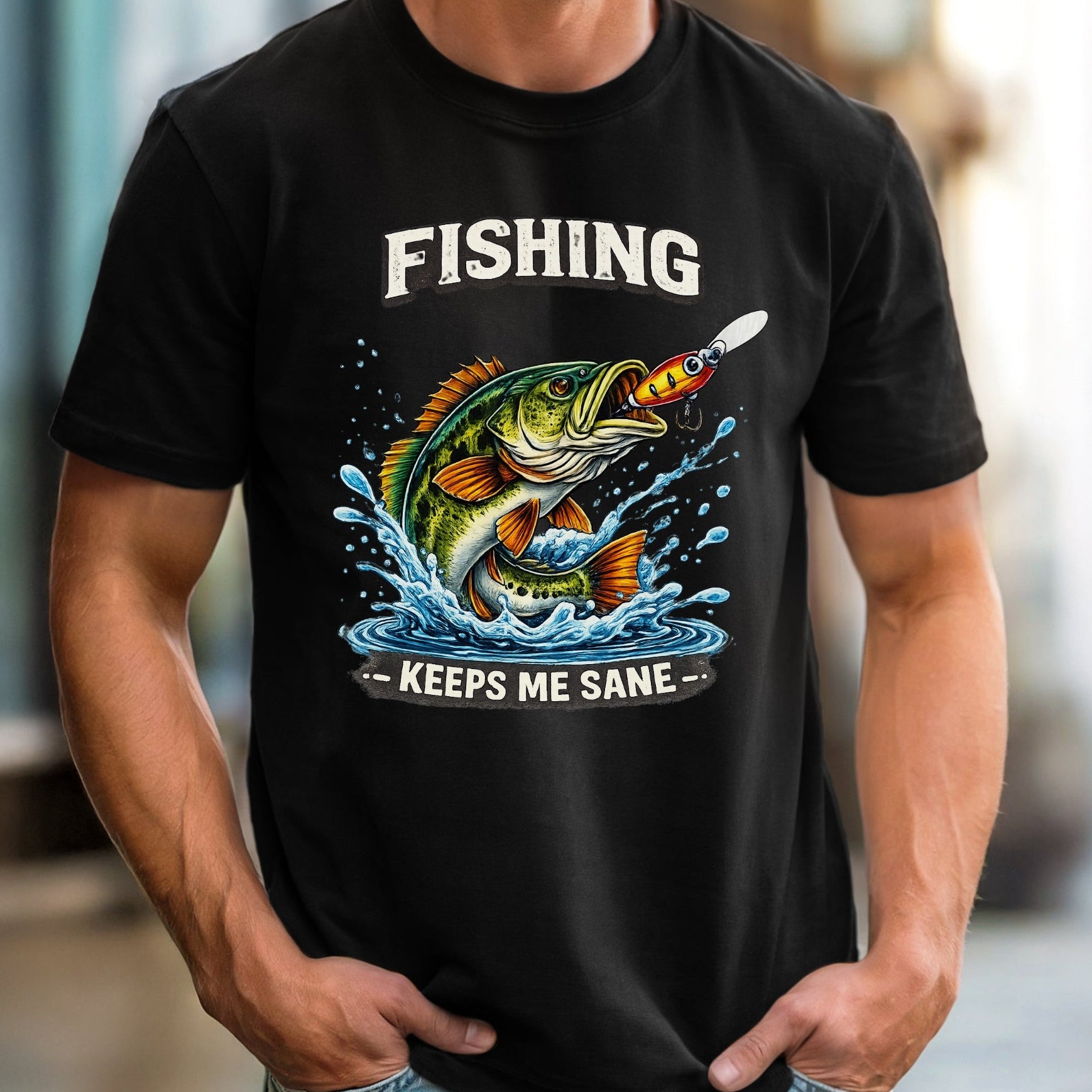 black shirt fishing keeps me sane