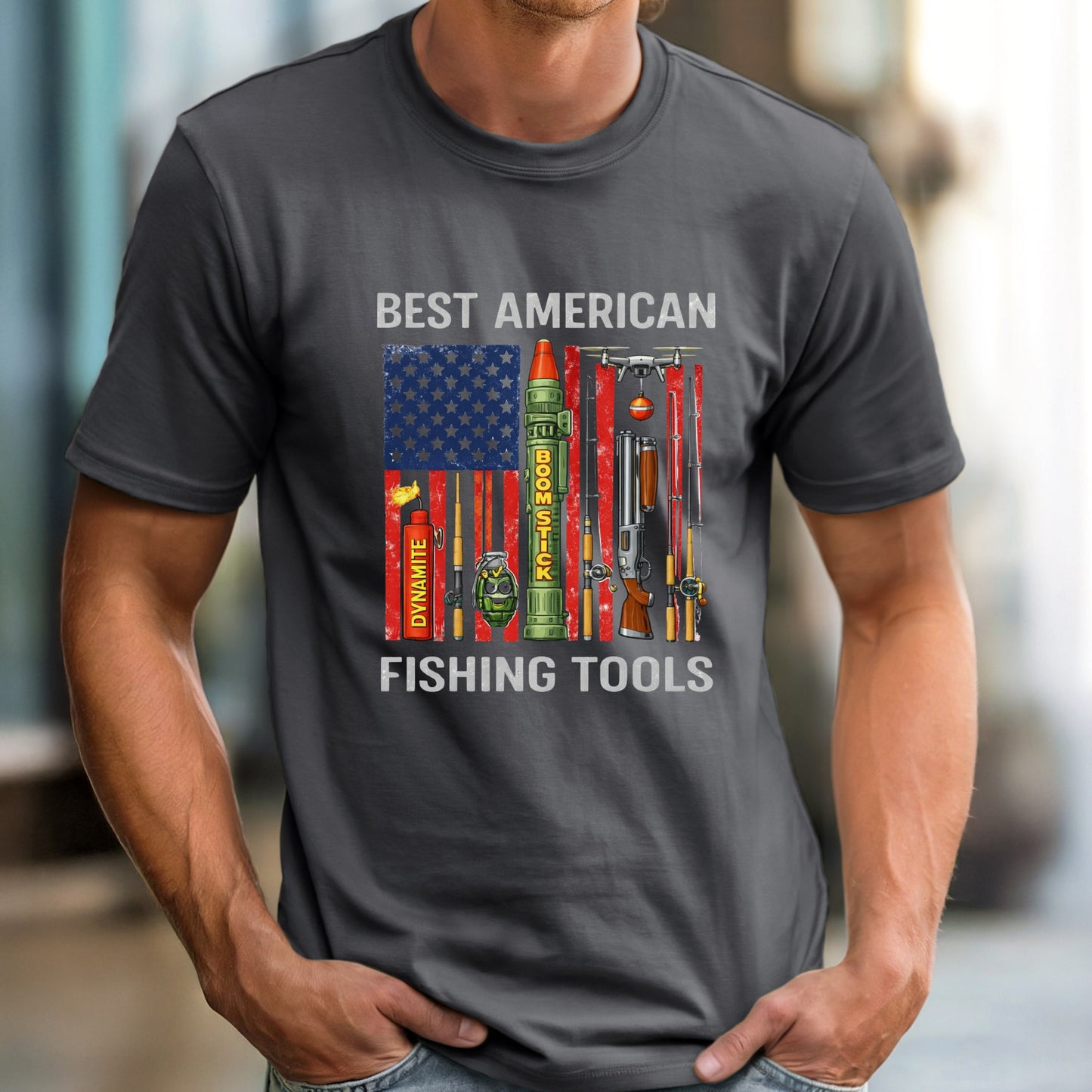 Best American Fishing Tools T-shirt | Fishing Lures Rods Reels Grenades Shotgun Rocket Launcher Drone Dynamite USA Flag