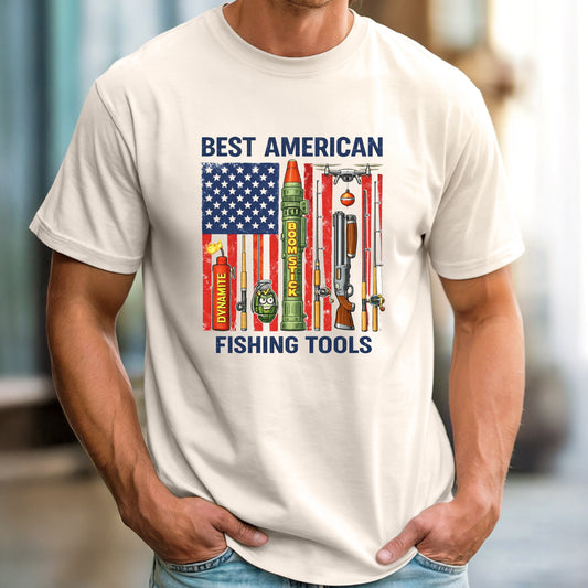 Best American Fishing Tools T-shirt | Fishing Lures Rods Reels Grenades Shotgun Rocket Launcher Drone Dynamite USA Flag