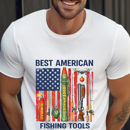 Best American Fishing Tools T-shirt | Fishing Lures Rods Reels Grenades Shotgun Rocket Launcher Drone Dynamite USA Flag
