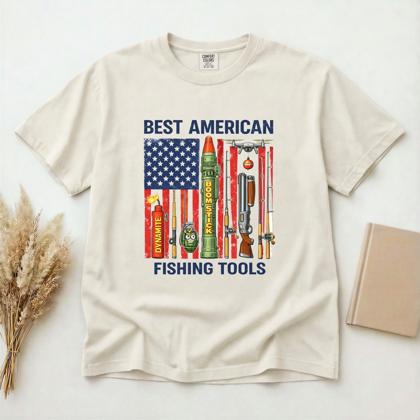 Best American Fishing Tools T-shirt | Fishing Lures Rods Reels Grenades Shotgun Rocket Launcher Drone Dynamite USA Flag