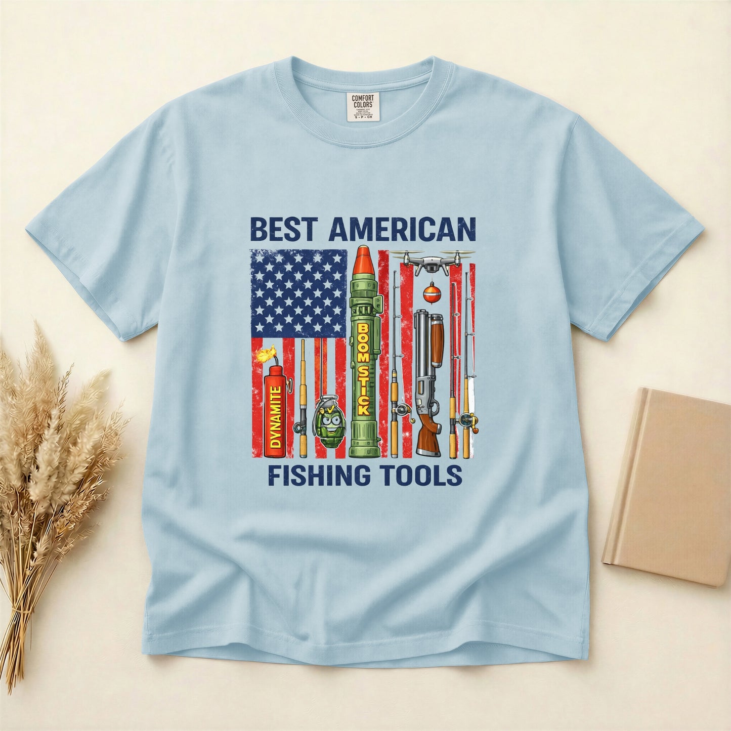 Best American Fishing Tools T-shirt | Fishing Lures Rods Reels Grenades Shotgun Rocket Launcher Drone Dynamite USA Flag