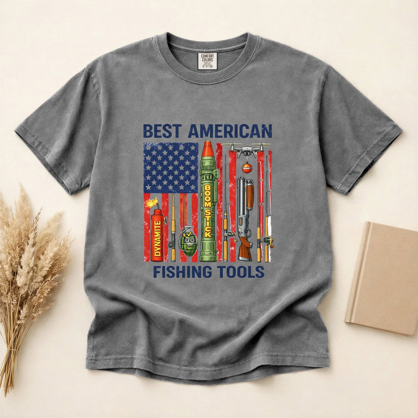 Best American Fishing Tools T-shirt | Fishing Lures Rods Reels Grenades Shotgun Rocket Launcher Drone Dynamite USA Flag