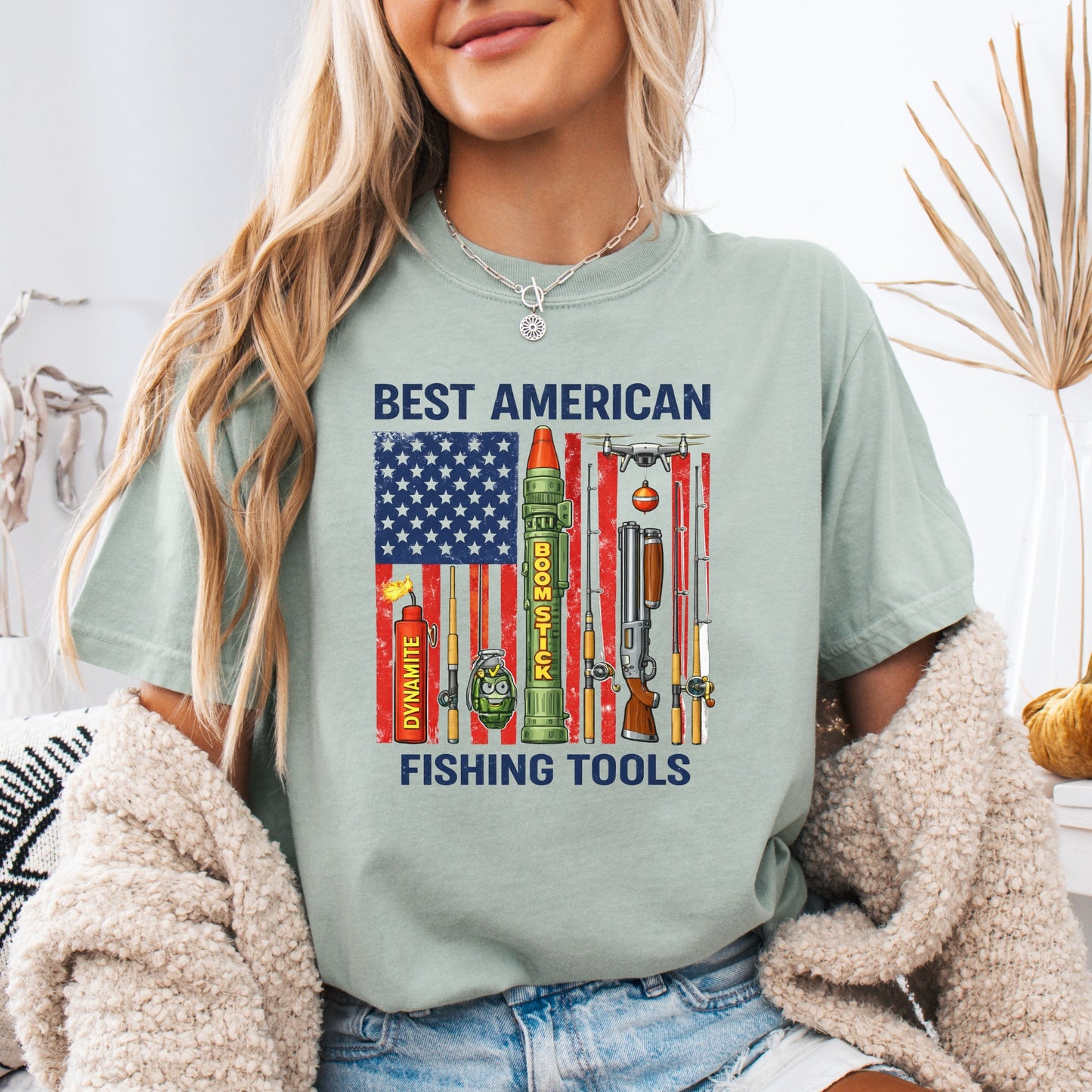 Best American Fishing Tools T-shirt | Fishing Lures Rods Reels Grenades Shotgun Rocket Launcher Drone Dynamite USA Flag