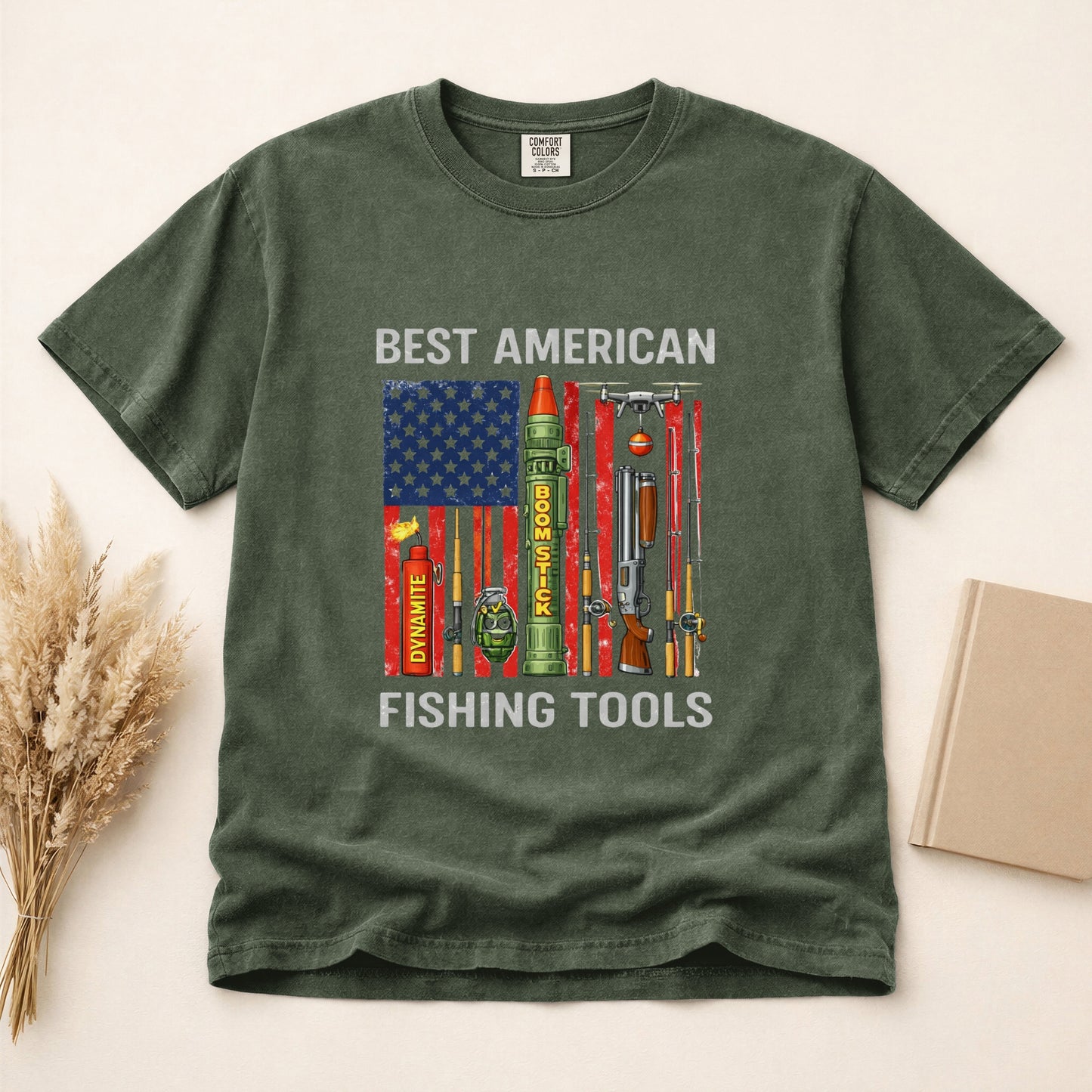 Best American Fishing Tools T-shirt | Fishing Lures Rods Reels Grenades Shotgun Rocket Launcher Drone Dynamite USA Flag