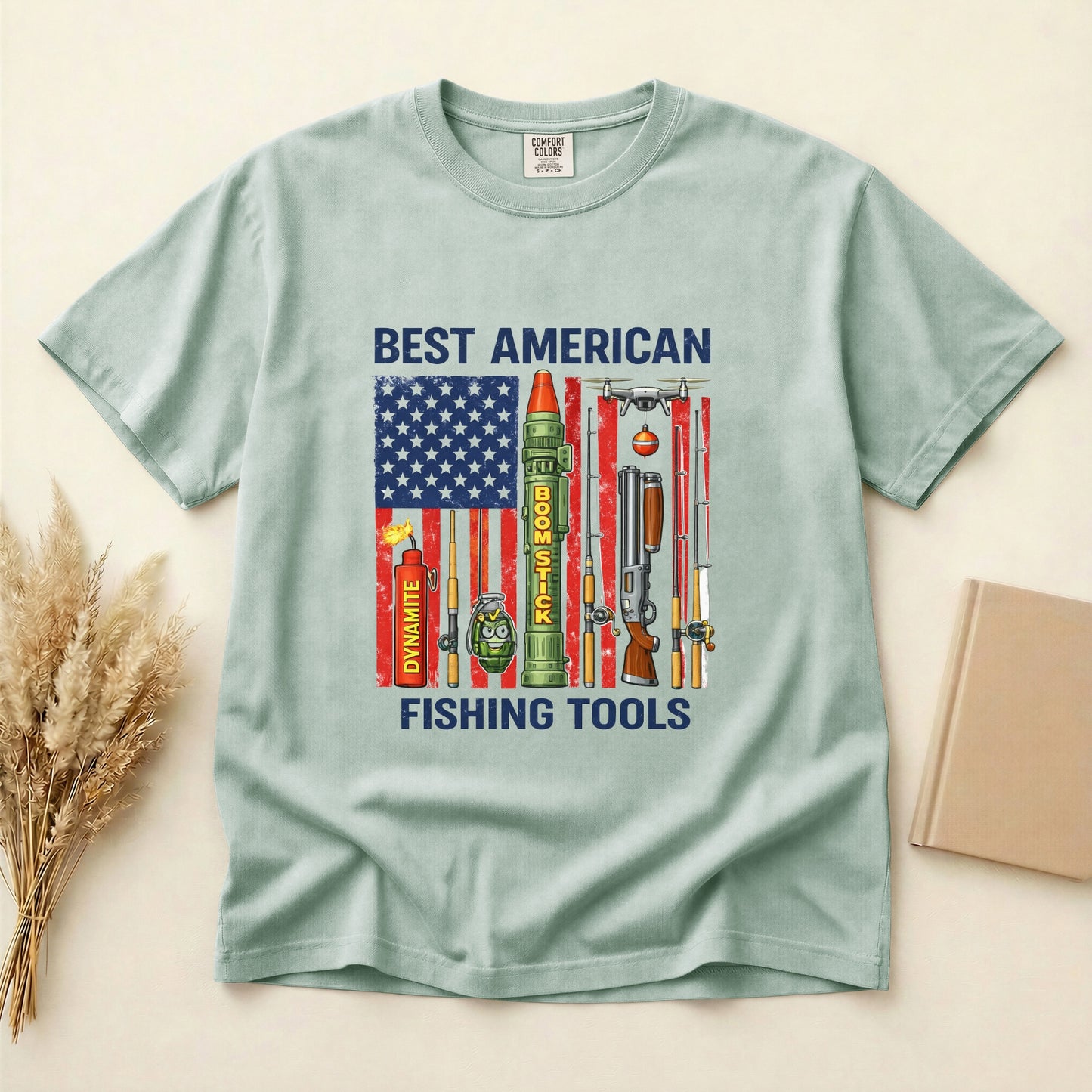 Best American Fishing Tools T-shirt | Fishing Lures Rods Reels Grenades Shotgun Rocket Launcher Drone Dynamite USA Flag