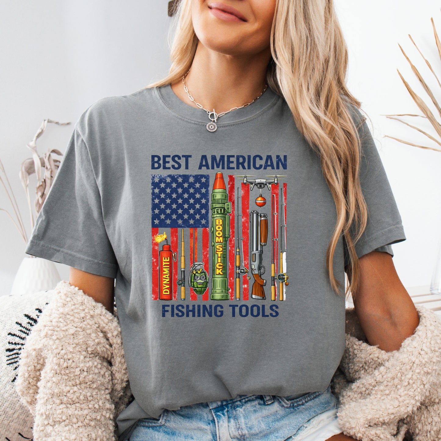 Best American Fishing Tools T-shirt | Fishing Lures Rods Reels Grenades Shotgun Rocket Launcher Drone Dynamite USA Flag