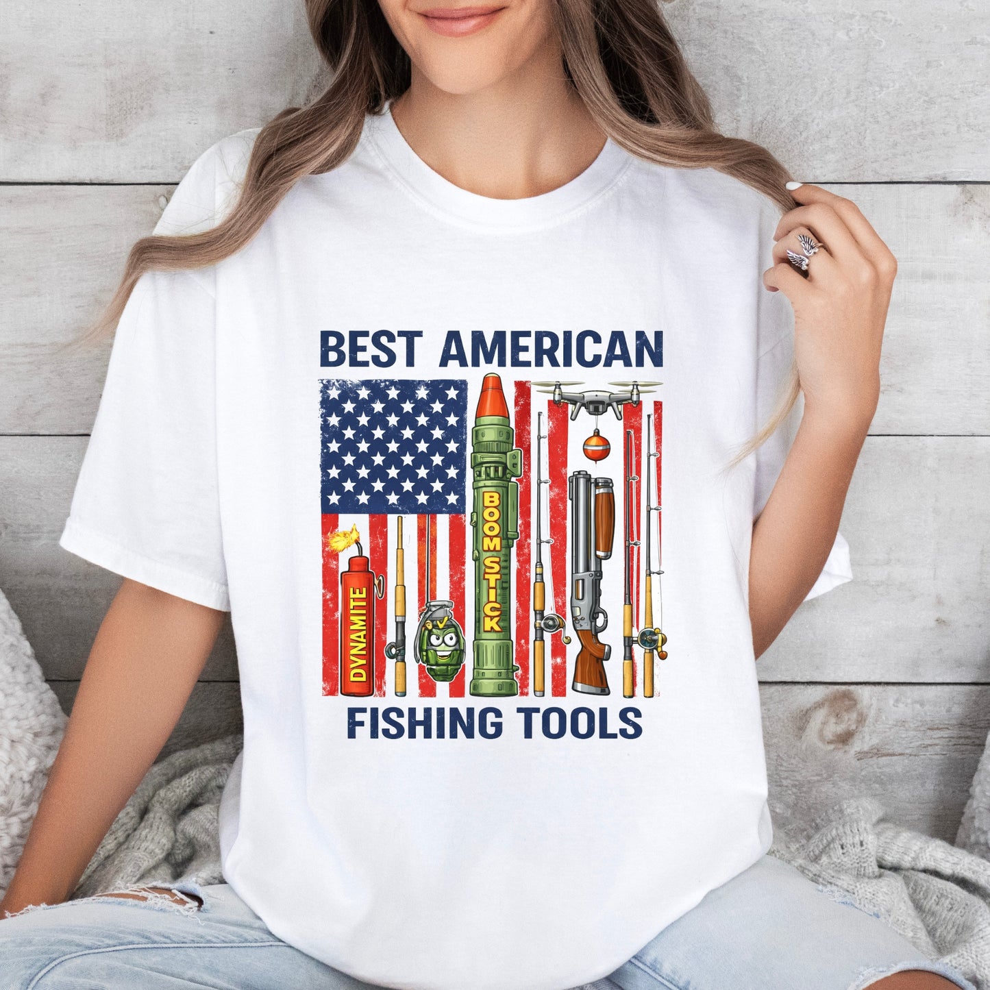 Best American Fishing Tools T-shirt | Fishing Lures Rods Reels Grenades Shotgun Rocket Launcher Drone Dynamite USA Flag