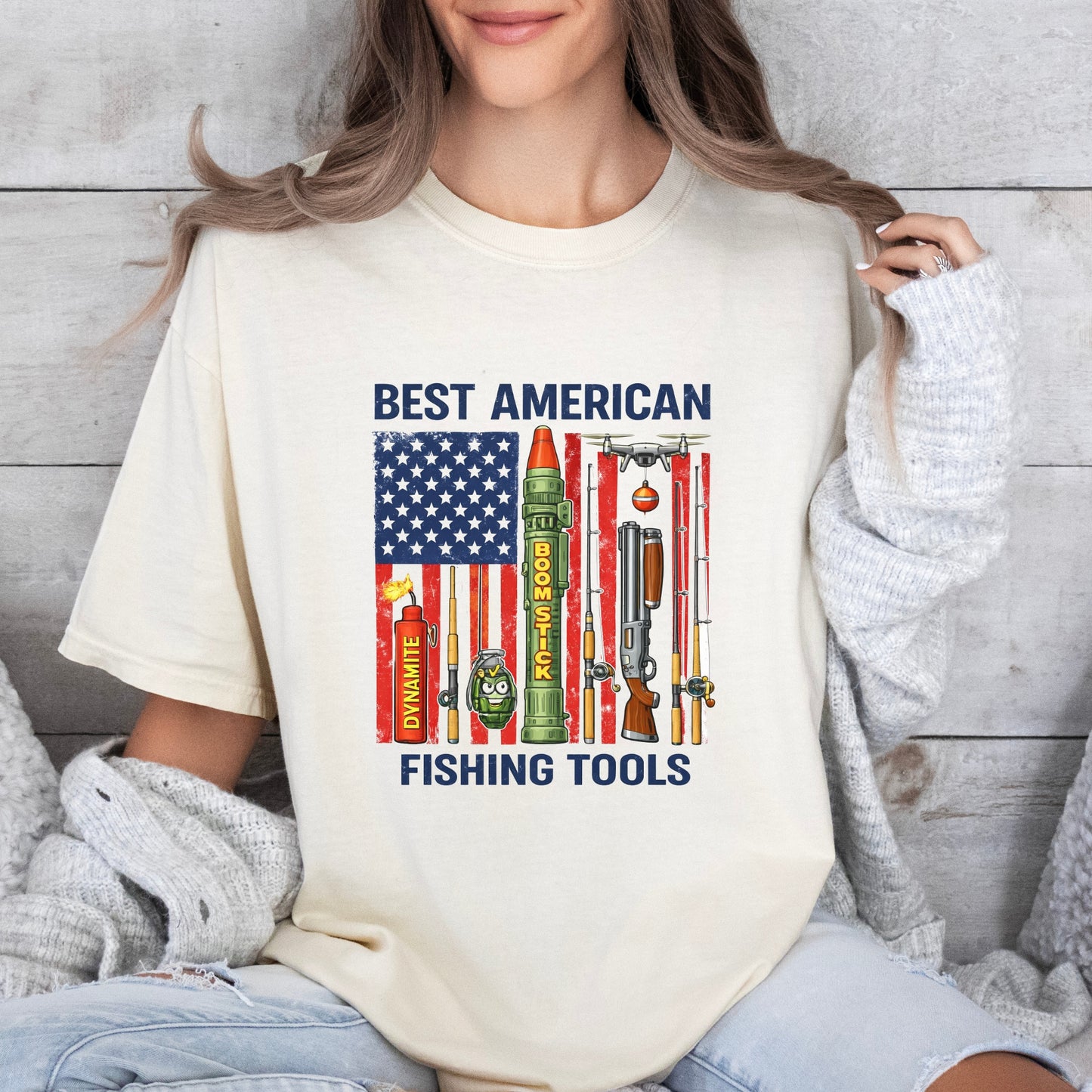 Best American Fishing Tools T-shirt | Fishing Lures Rods Reels Grenades Shotgun Rocket Launcher Drone Dynamite USA Flag